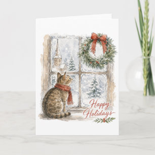 Tarjeta Gato de Navidad en la ventana con guirnalda