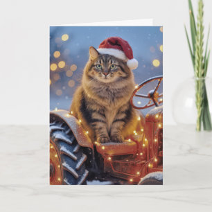Tarjeta Gato de Navidad Maine Coon en un Tractor Viejo