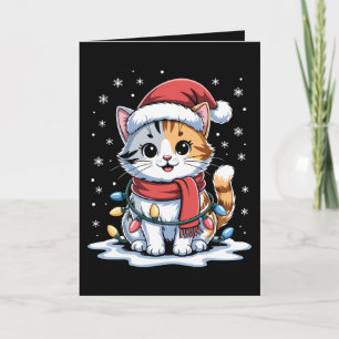 Tarjeta Gato de Navidad Sombrero de Santa Bufanda Luces Ni
