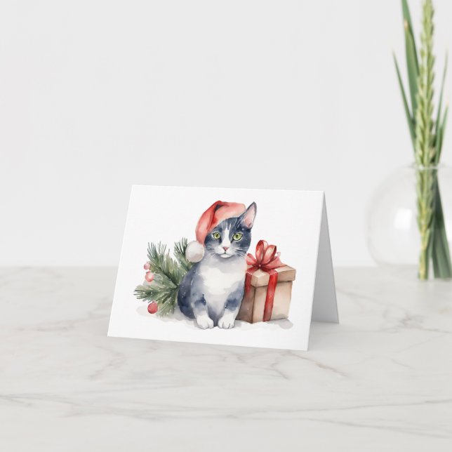 Tarjeta Gato de Navidades de acuarela con presencia (Anverso)