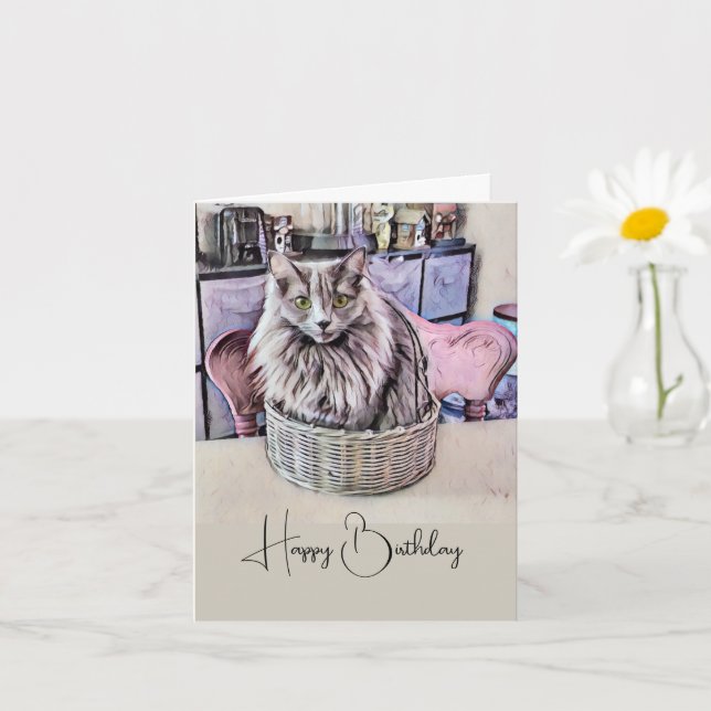 Tarjeta Gato de Ojos Verdes en Cumpleaños de Cesta (Planta pequeña)