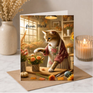 Tarjeta Gato de otoño con flores – Saludo de temporada de 