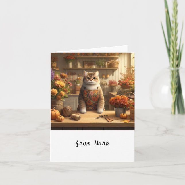 Tarjeta Gato de otoño con flores - Saludo de temporada de  (Anverso)