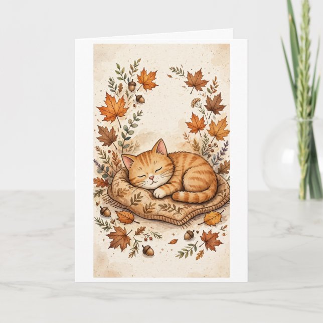 Tarjeta Gato de otoño disfrutando de una siesta (Anverso)