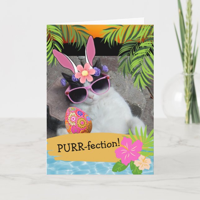 Tarjeta Gato de Pascua Temática Hawaiana Purr-fection (Anverso)