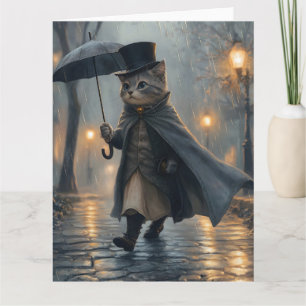 Tarjeta Gato de perro paseando en la lluvia con un paragua