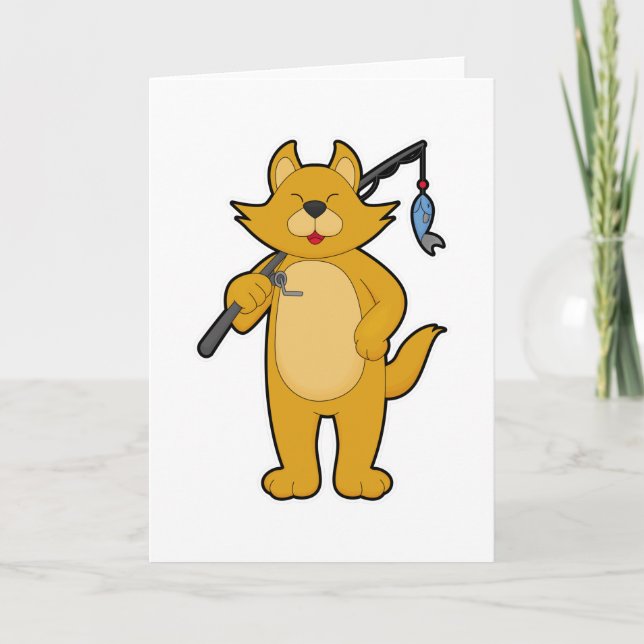 Tarjeta Gato de pesca con barra de pesca y pescado (Anverso)
