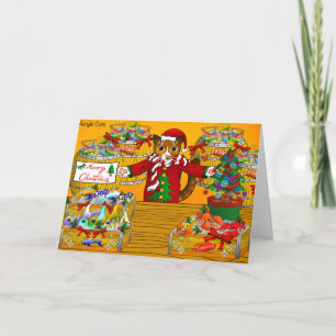 Tarjeta Gato de puesto de mercado de pescado en Navidad