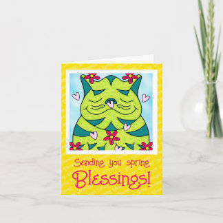 Tarjeta Gato de rana verde dulce con flores bendiciones de