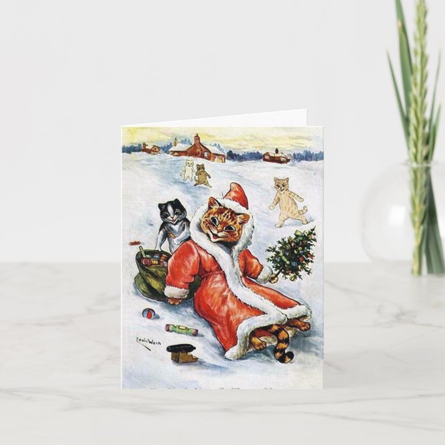 Tarjeta Gato de Santa de Navidad de Louis Wain (Anverso)