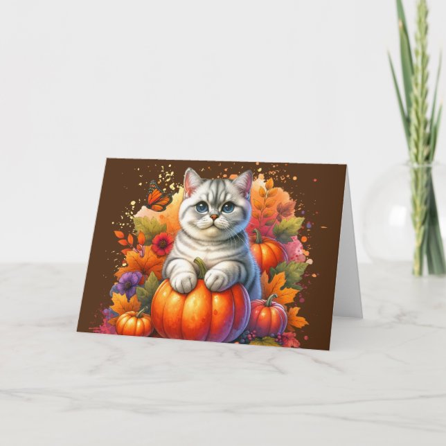 Tarjeta Gato de Shorthair británico con calabaza (Anverso)
