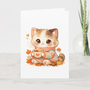 Tarjeta Gato de suéter otoñal Kawaii – Gatito de té de oto