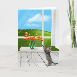 Tarjeta Gato de Tabby con el Naranja Tulip Bouquet
