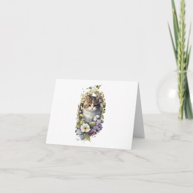 Tarjeta Gato de Tabby marrón con flores en blanco (Anverso)