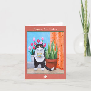 Tarjeta Gato de Tuxedo blanco y negro con café Cumpleaños
