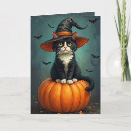 Tarjeta Gato De Tuxedo Bruja De Halloween En Una Calabaza