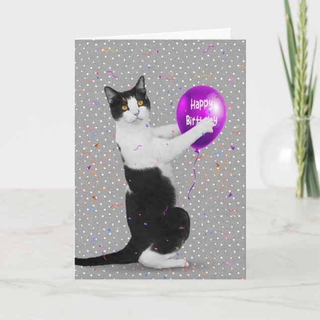 Tarjeta Gato de Tuxedo con globo de cumpleaños (Anverso)