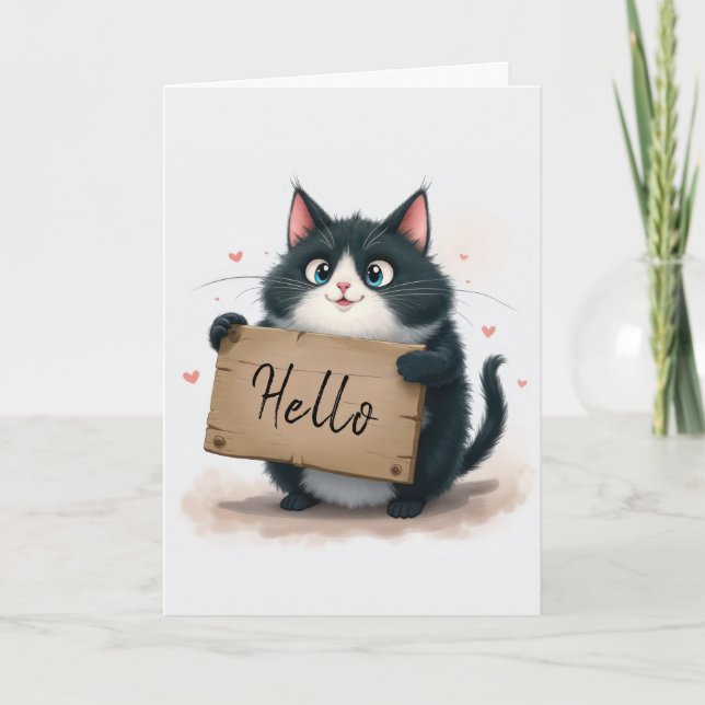 Tarjeta Gato De Tuxedo Con Rótulo De Hola (Anverso)