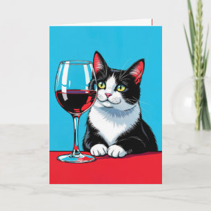 Tarjeta Gato De Tuxedo De Cumpleaños Con Vino Rojo