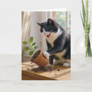 Tarjeta Gato de Tuxedo de cumpleaños golpeando una planta