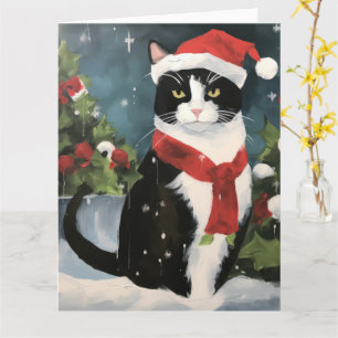 Tarjeta Gato de Tuxedo en Navidades de nieve
