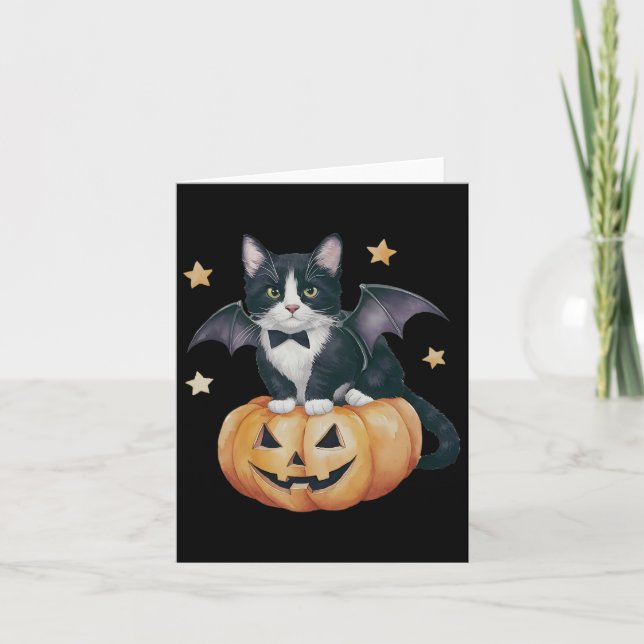 Tarjeta Gato de Tuxedo lindo Gato de calabaza de Halloween (Anverso)