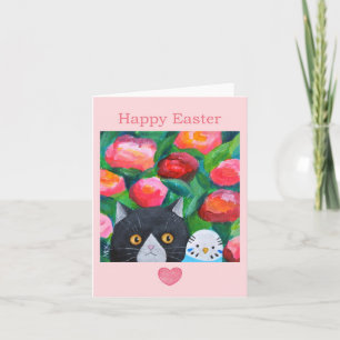 Tarjeta Gato de Tuxedo y Blue Budge Única Pascua de Arte F