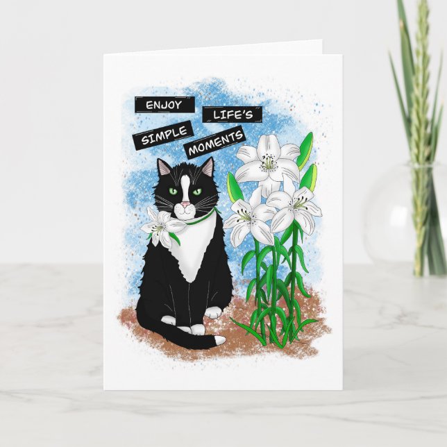 Tarjeta Gato de Tuxedo y Lilies | Oferta Inspiradora (Anverso)