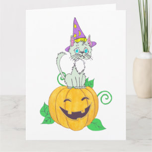 Tarjeta Gato del asistente de Halloween en la calabaza