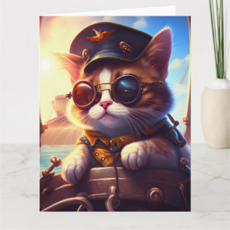 Tarjeta Gato del Capitán del Barco Pirata Steampunk