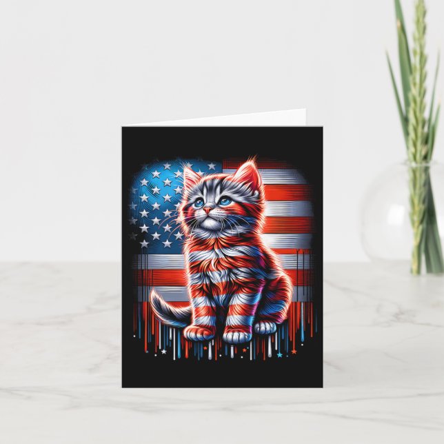 Tarjeta Gato del Día de Julio Bandera de Usa Lindo Gatito  (Anverso)