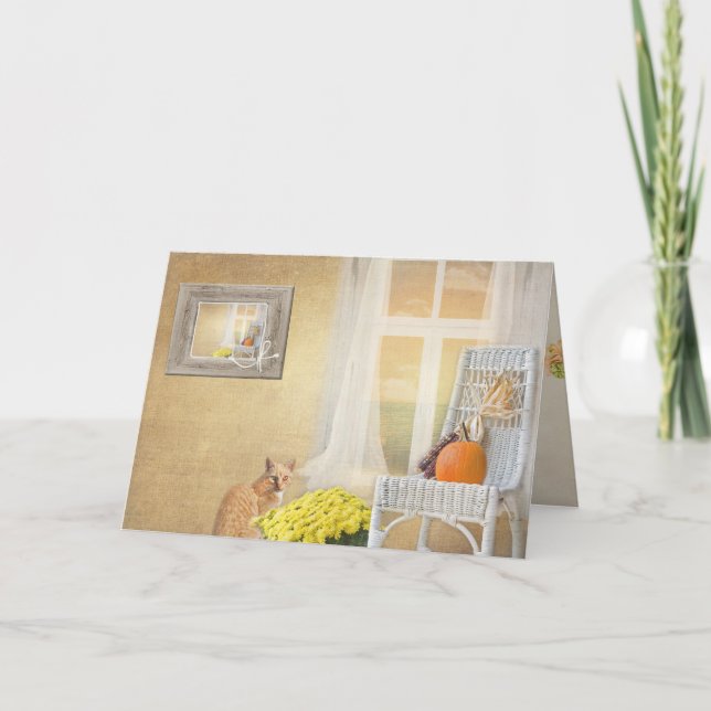 Tarjeta gato del otoño con el ventana-pensamiento en usted (Anverso)