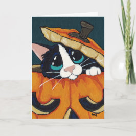 Tarjeta Gato del smoking en la calabaza de Halloween