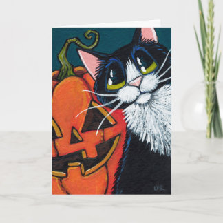Tarjeta Gato del smoking y linterna sonriente de la
