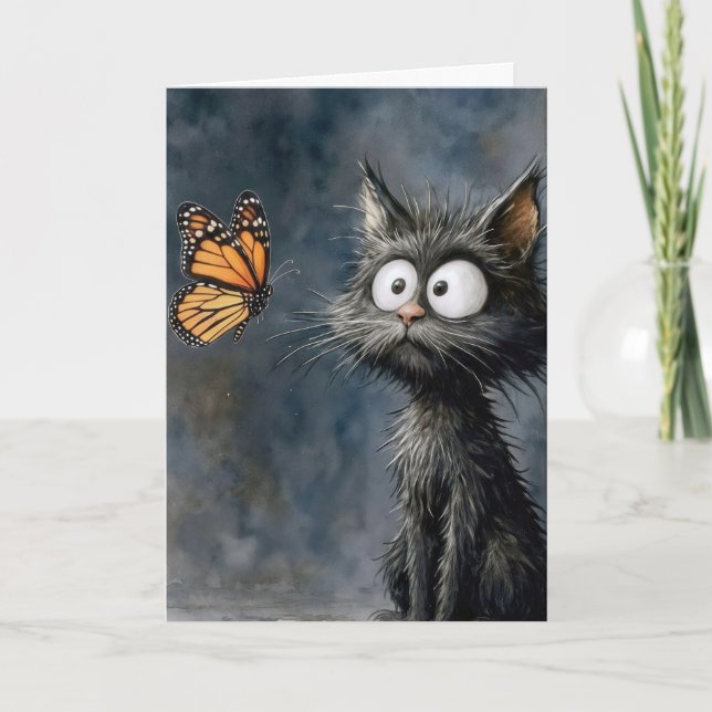 Tarjeta Gato desaliñado de cumpleaños con mariposa (Anverso)