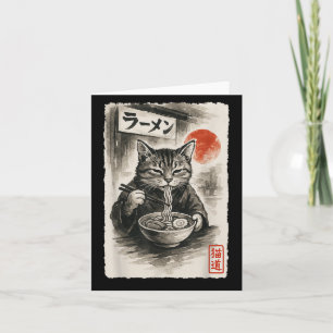 Tarjeta Gato Divertido Comiendo Fideos Ramen Sumi-e Japoné