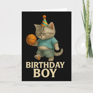 Tarjeta Gato divertido de cumpleaños jugando al baloncesto
