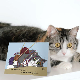 Tarjeta Gato Divertido de Tejer Hilo Enredado Humor de Pas