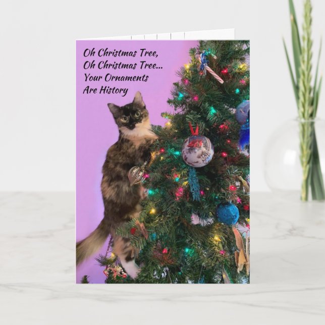 Tarjeta Gato Divertido en Árbol Mirando Adornos Navidad (Anverso)