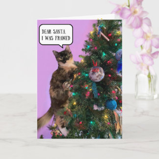 Tarjeta Gato divertido en problemas con Santa Navidad