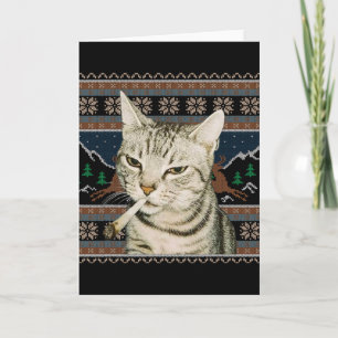 Tarjeta Gato Divertido Fumando Meme Navidad Suéter Feo Gat