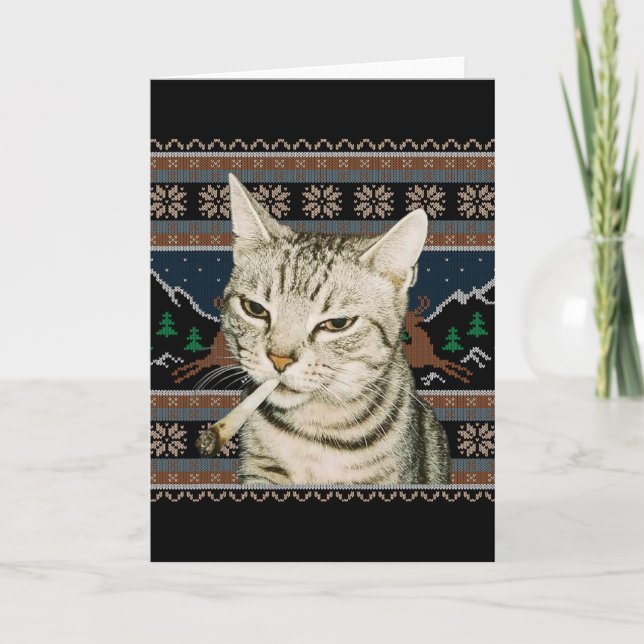 Tarjeta Gato Divertido Fumando Meme Navidad Suéter Feo Gat (Anverso)
