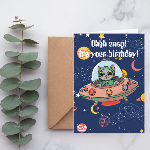 Tarjeta Gato Divertido Piloto OVNI Espacio Exterior Cumple