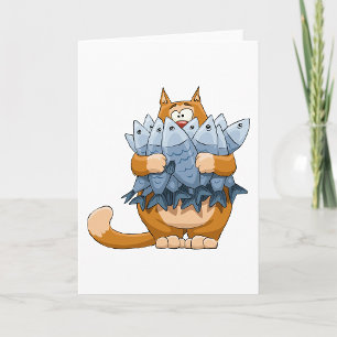 Tarjeta Gato Divertido Sosteniendo Pescado Dibujo Animado 