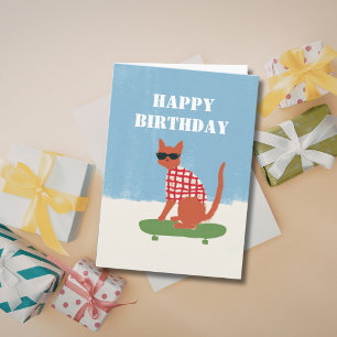 Tarjeta Gato Divertido y Caprichoso en un Monopatín Cumple