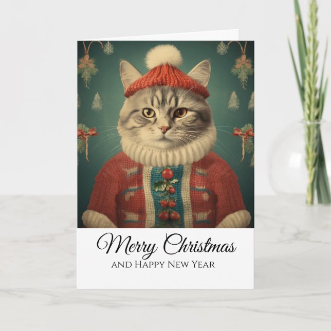 Tarjeta Gato divertido y lindo con disfraz Feliz Navidad  (Anverso)