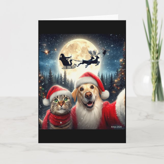 Tarjeta Gato Divertido Y Perro Selfie Con Santa Claus Navi (Anverso)