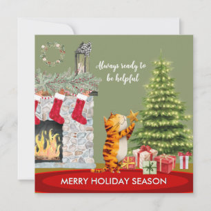 Tarjeta Gato divertido y útil con árbol de Navidad