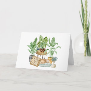 Tarjeta Gato dormido con plantas de interior en acuarela a