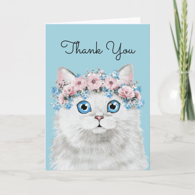 Tarjeta Gato dulce blanco floral | Añadir el texto (Anverso)